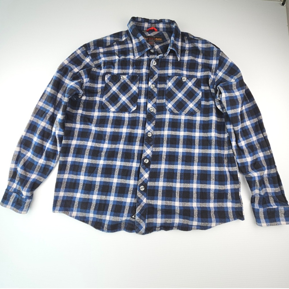 Americaware Mens XXL Blue Black White Plaid Flannel Button Down Long Sleeve